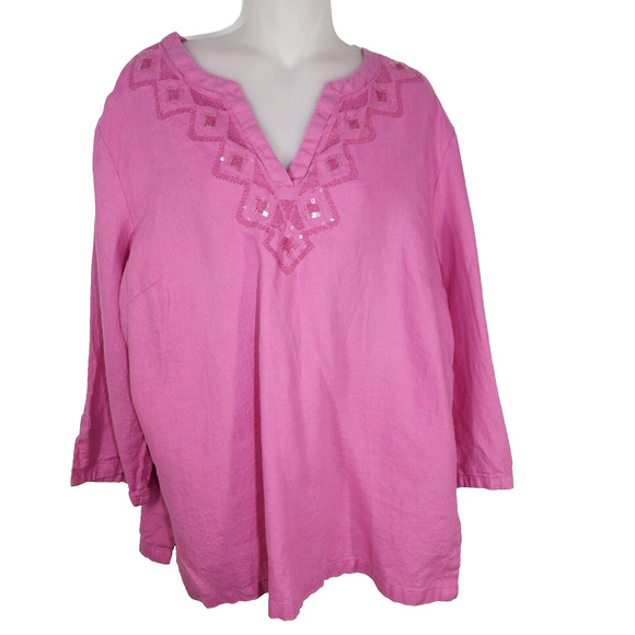 JM Collection Top Womens Size 16 Pink 100% Linen Embroidered 3/4 Sleeves Sequins - Picture 1 of 11